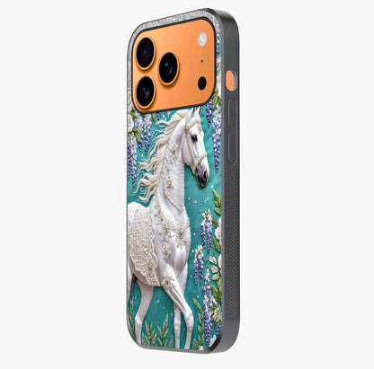 Majestic Floral Stallion Glass Case photographed in natural light showing reflective finish and design depth.