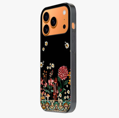 Midnight Bloom Pattern Glass Case photographed in natural light showing reflective finish and design depth.