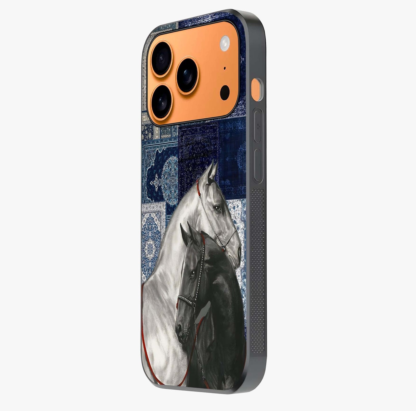 Midnight Stallion Blues Glass Case photographed in natural light showing reflective finish and design depth.