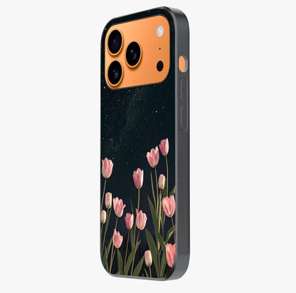 Midnight Tulip Whispers Vibe Glass Case photographed in natural light showing reflective finish and design depth.