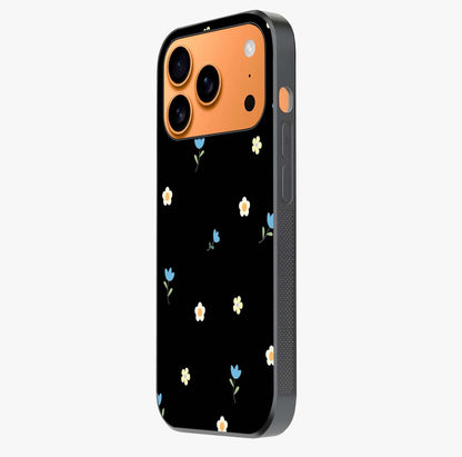 Minimalistic Blue With White Flower Pattern Glass Case photographed in natural light showing reflective finish and design depth.