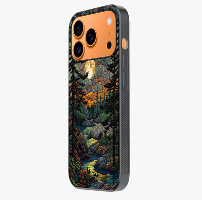 Moonlight Forest Dream Glass Case photographed in natural light showing reflective finish and design depth.