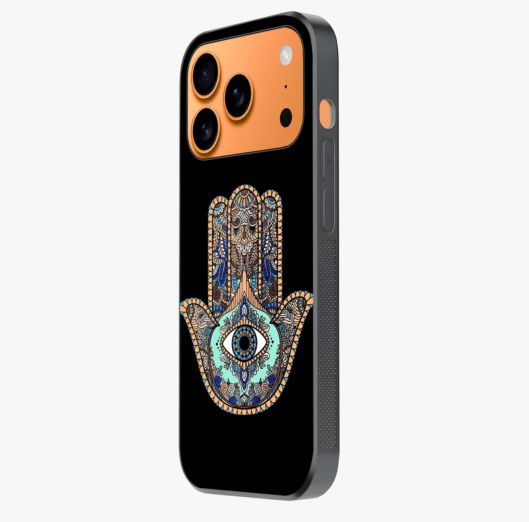 Mystic Hamsa Eye Glass Case photographed in natural light showing reflective finish and design depth.