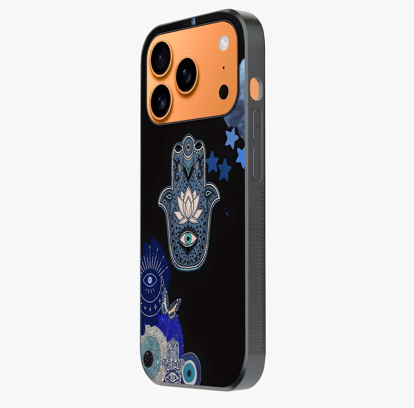 Mystic Hand Aura Glass Case photographed in natural light showing reflective finish and design depth.