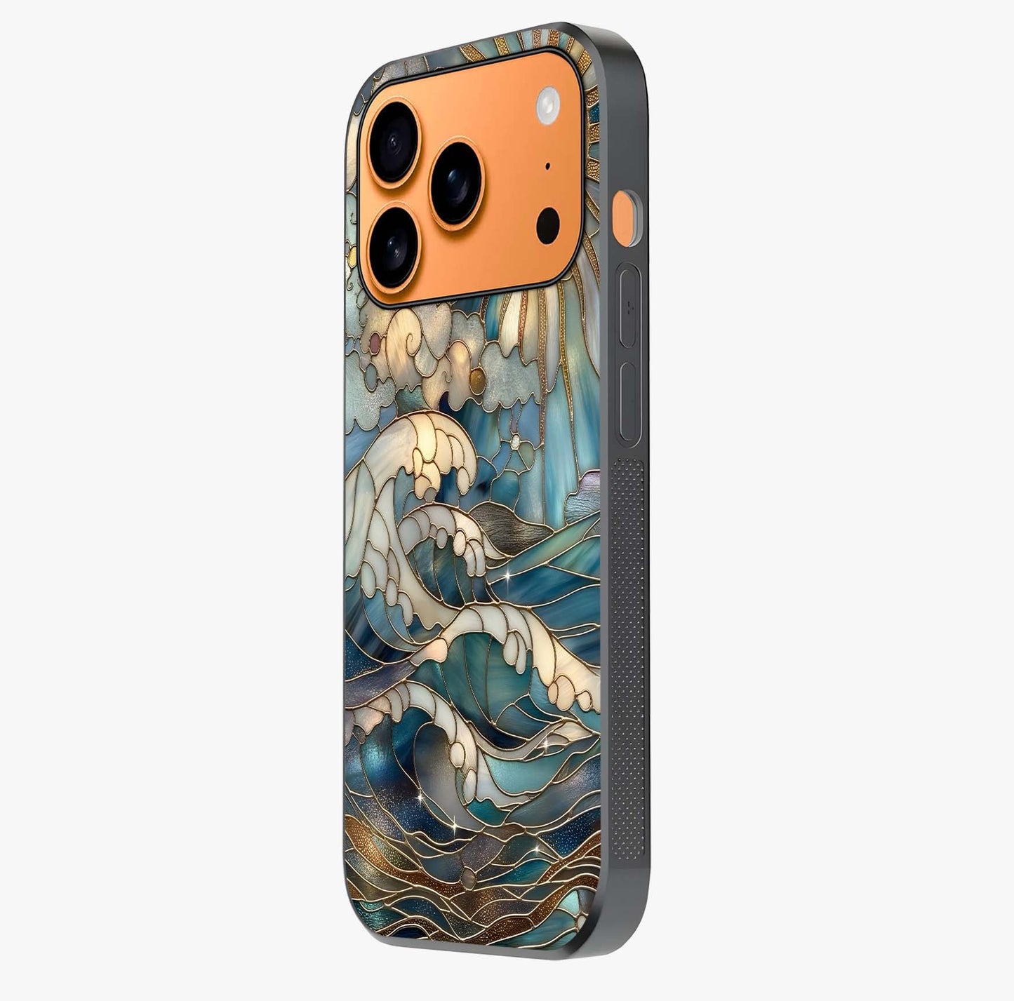 Oceanic Stained Printed Glass Case photographed in natural light showing reflective finish and design depth.