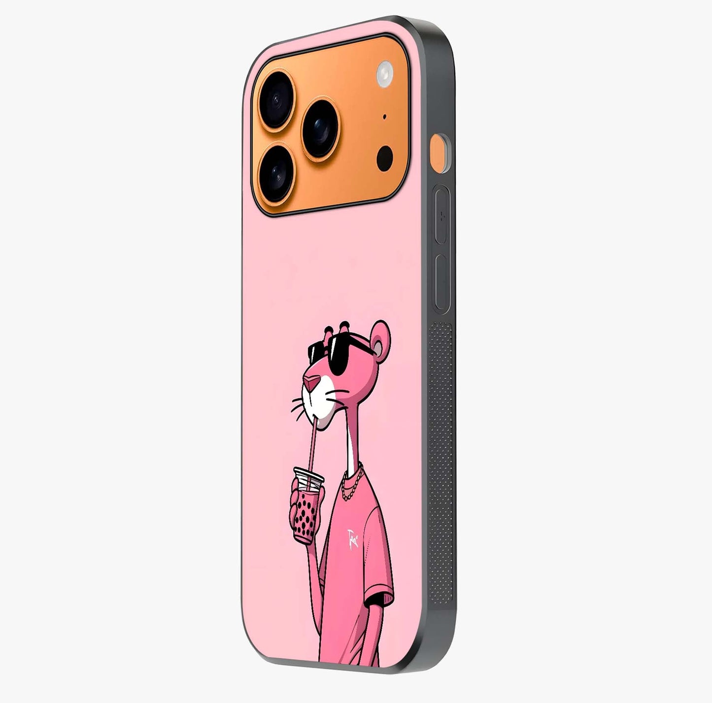 Pink Panther Glass Case photographed in natural light showing reflective finish and design depth.