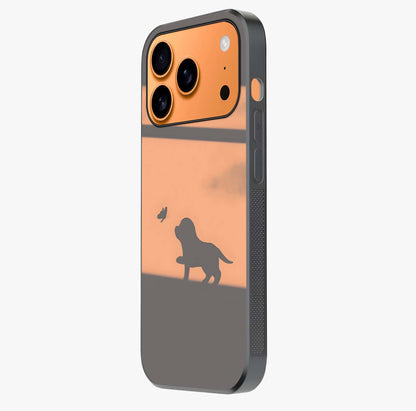 Puppy Shadow Art Glass Case photographed in natural light showing reflective finish and design depth.