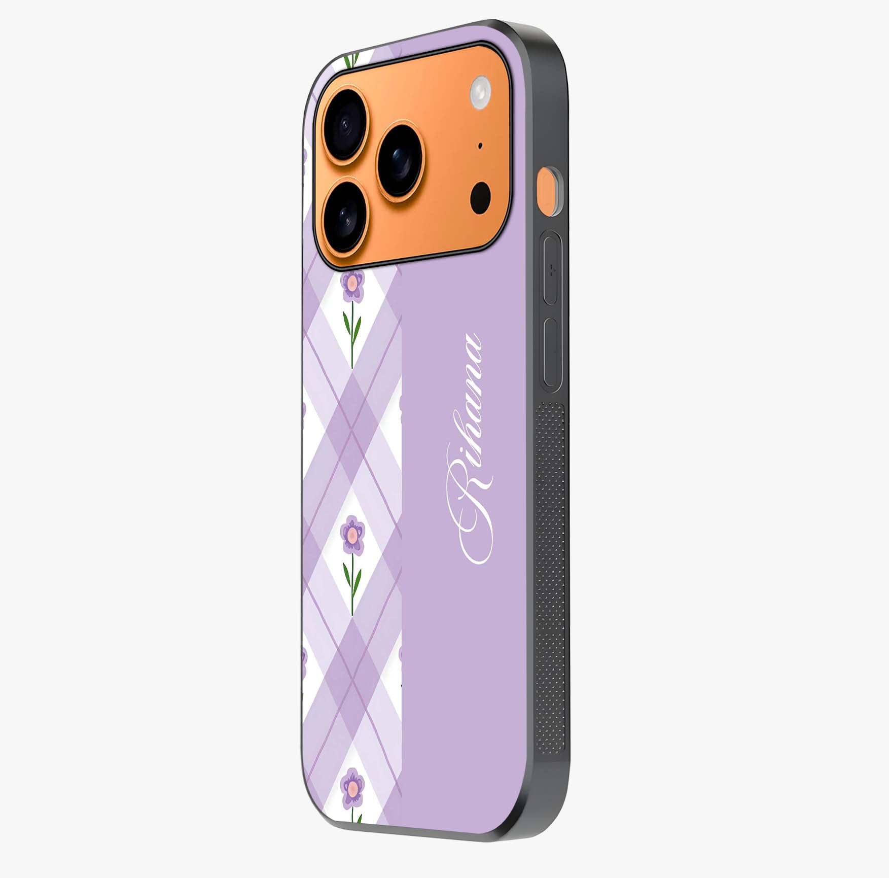 Purple Diamond Floral Glass Case photographed in natural light showing reflective finish and design depth.
