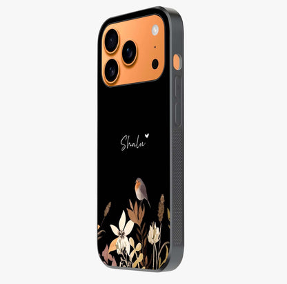 Quiet Garden Tune Custom Name Glass Case photographed in natural light showing reflective finish and design depth.