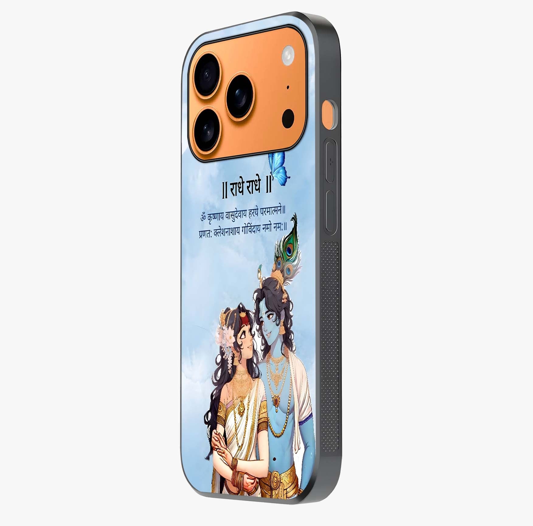 Radha Krishna Eternal Glass Case photographed in natural light showing reflective finish and design depth.