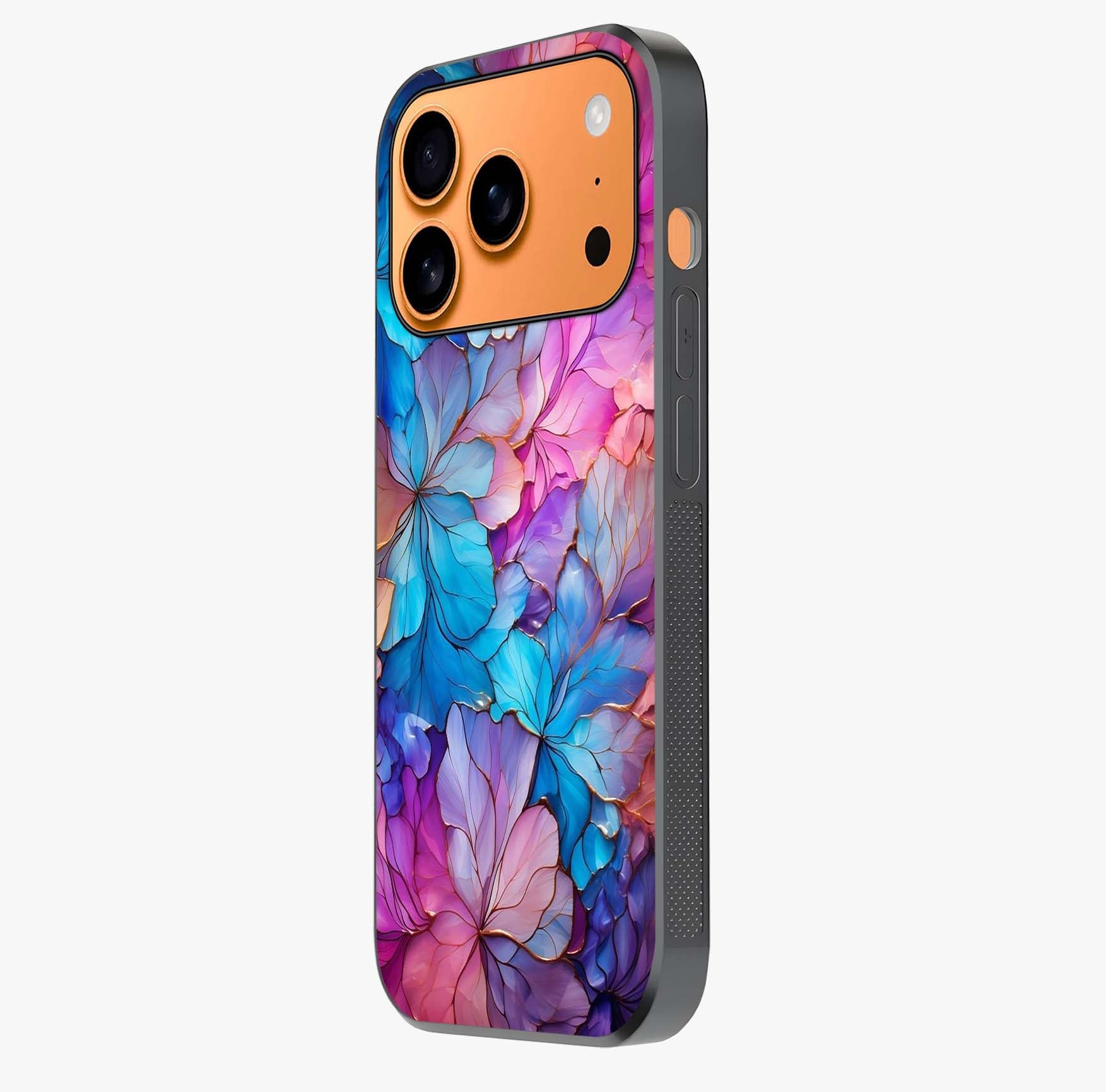 Radiant Floral Whirl Glass Case photographed in natural light showing reflective finish and design depth.