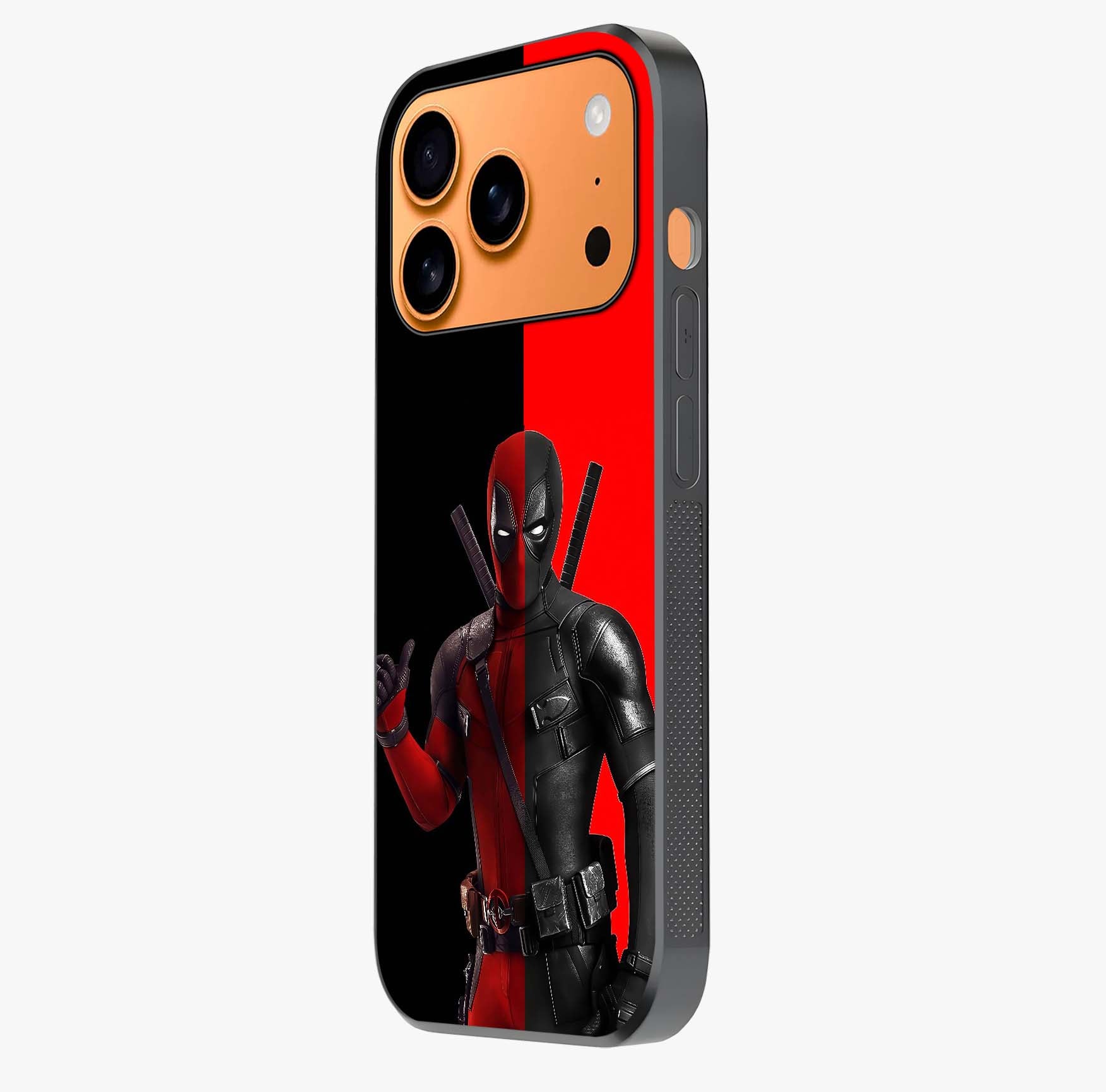 Red & Black Deadpool Theme Glass Case photographed in natural light showing reflective finish and design depth.