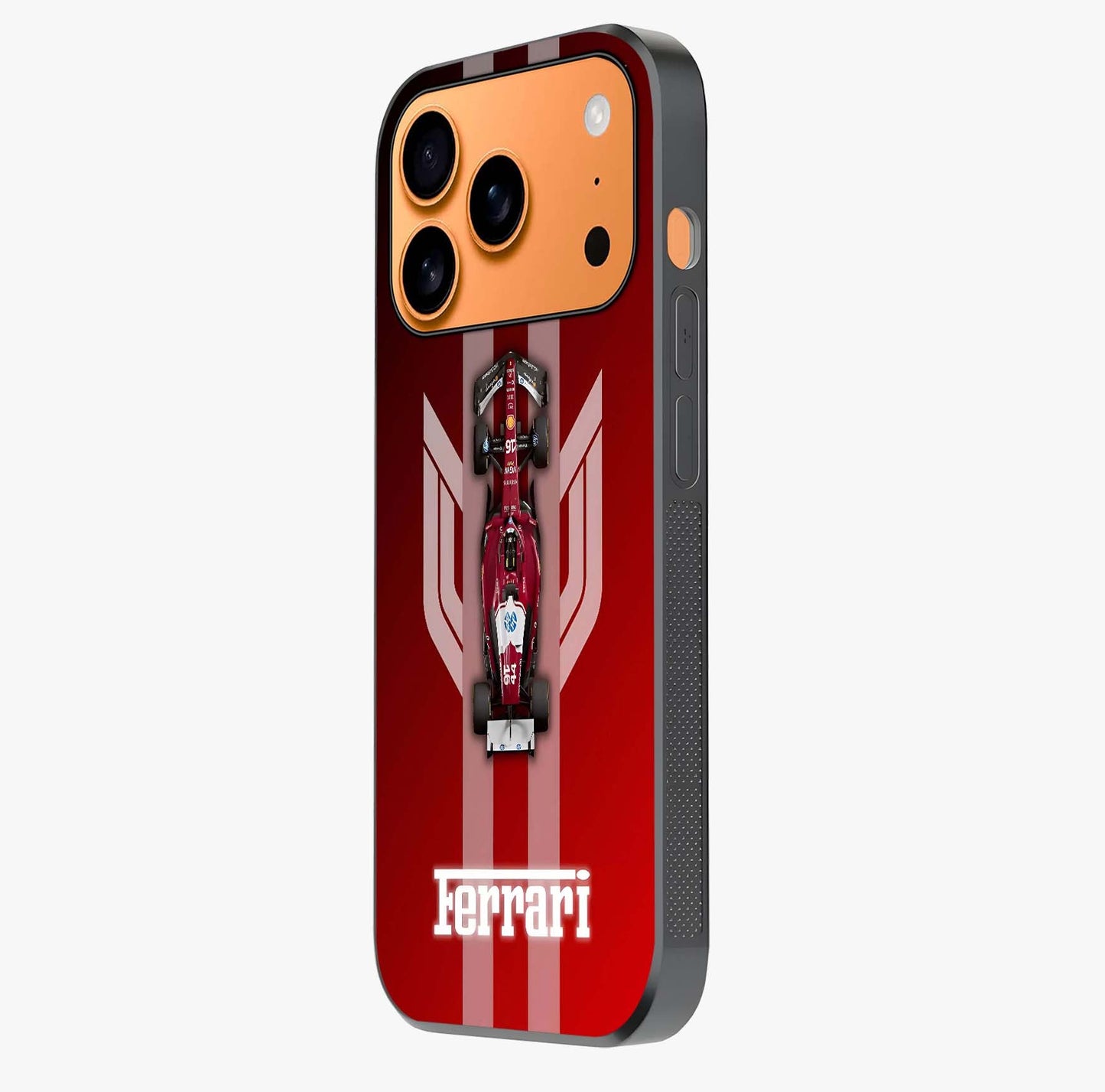 Red Ferrari F1 Vertical Glass Case photographed in natural light showing reflective finish and design depth.