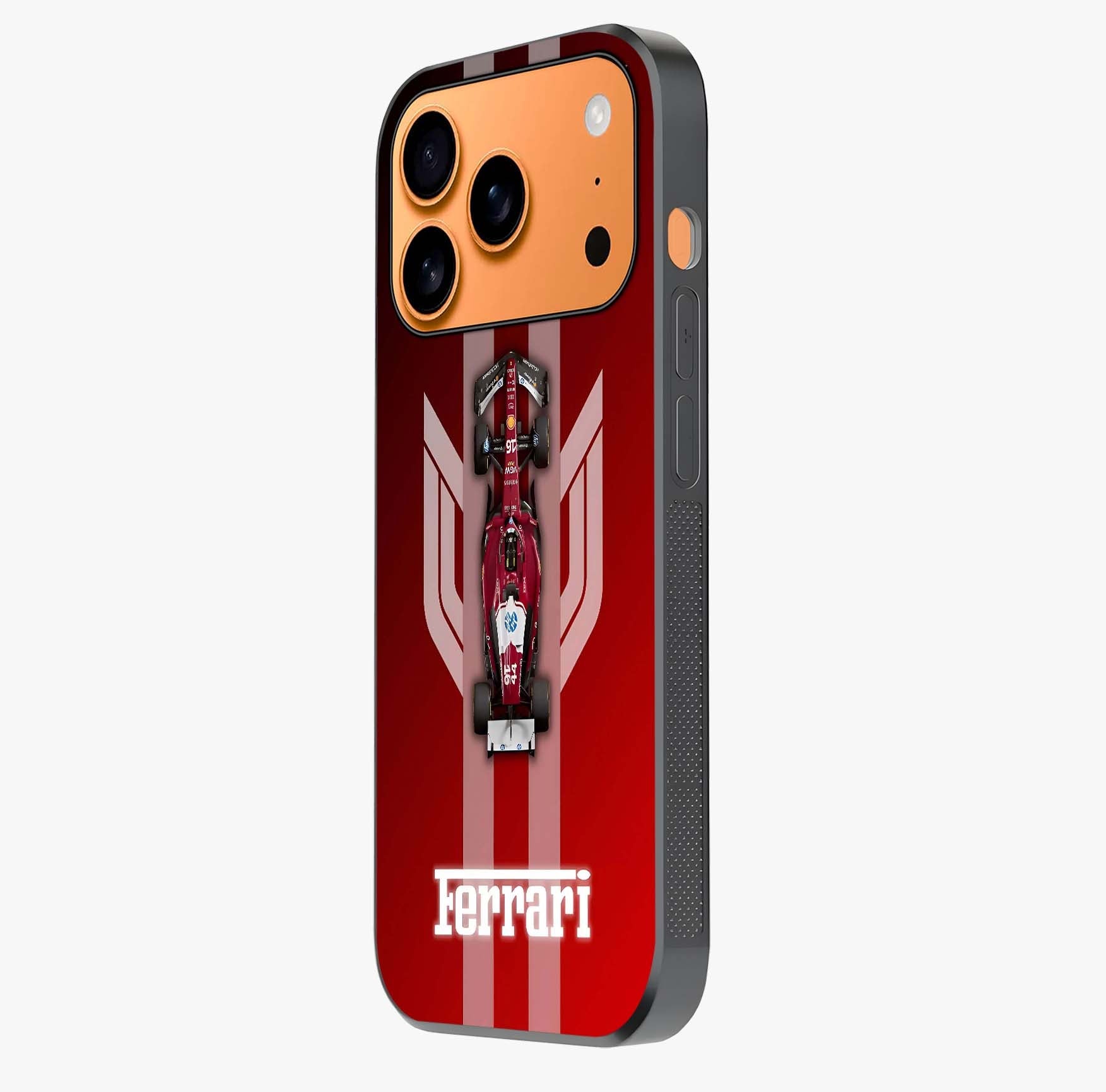 Red Ferrari F1 Vertical Glass Case photographed in natural light showing reflective finish and design depth.