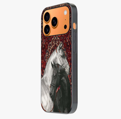 Regal Stallion Tapestry Glass Case photographed in natural light showing reflective finish and design depth.