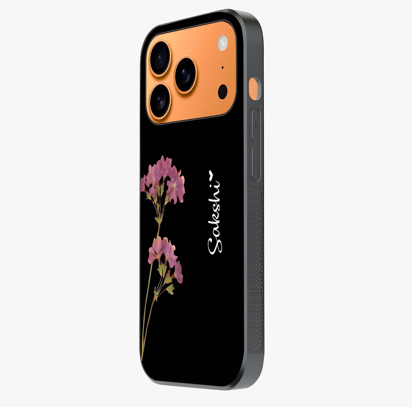 Riching Lavender Flower Custom Name Glass Case photographed in natural light showing reflective finish and design depth.