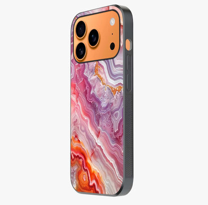 Rose Quartz Marble Glass Case photographed in natural light showing reflective finish and design depth.