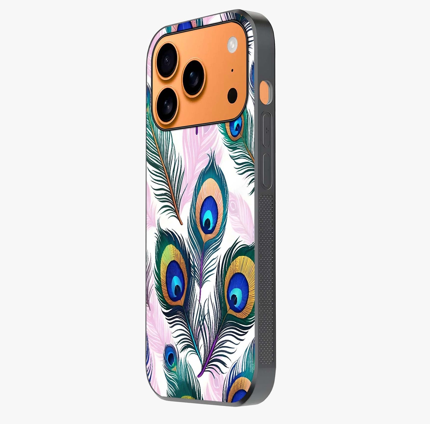 Royal Peacock Feathers Glass Case photographed in natural light showing reflective finish and design depth.