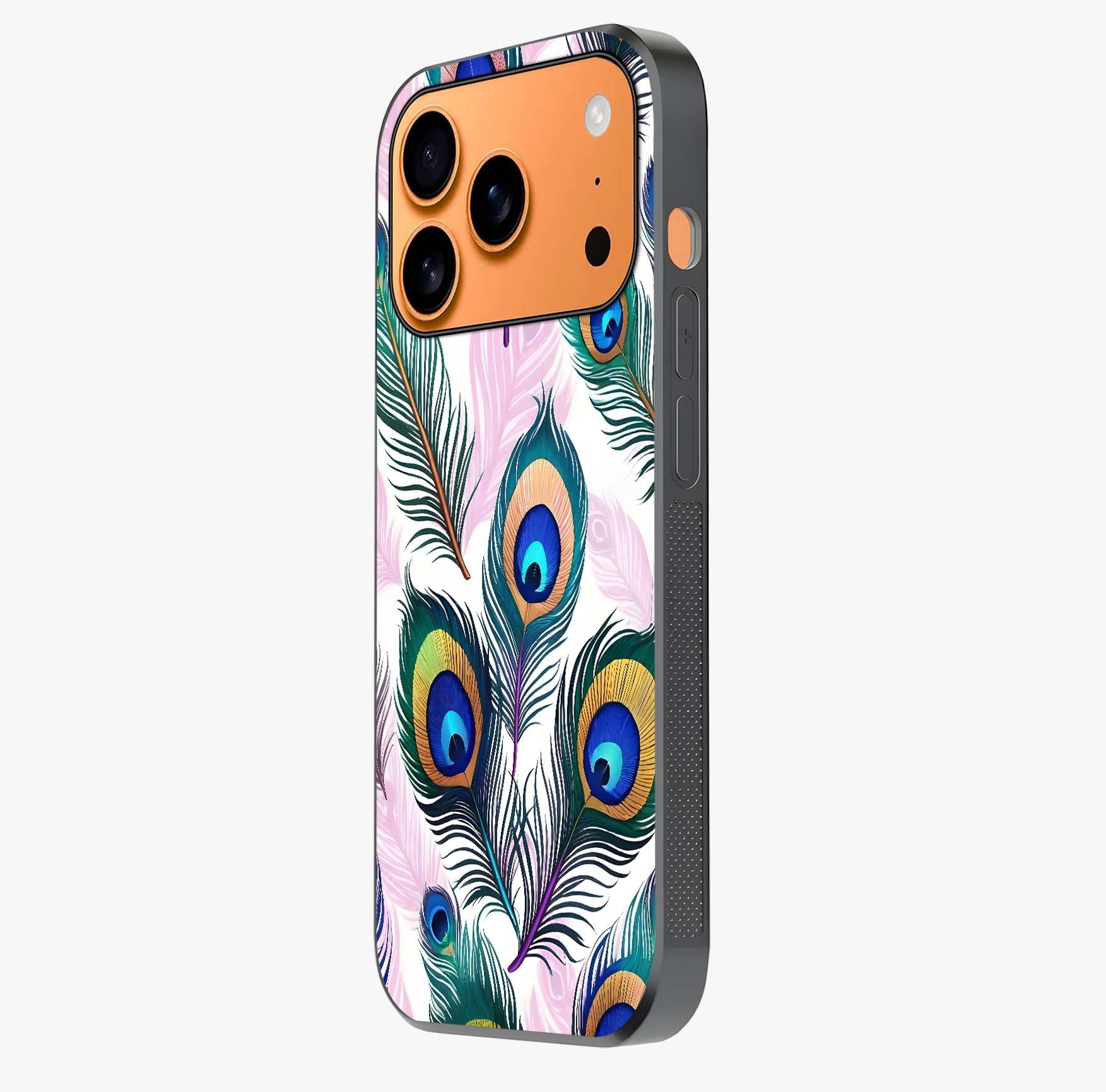 Royal Peacock Feathers Glass Case photographed in natural light showing reflective finish and design depth.
