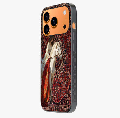 Royal Rider Tapestry Glass Case photographed in natural light showing reflective finish and design depth.