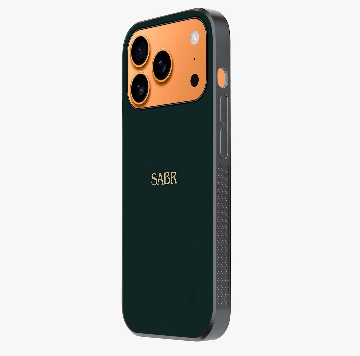 Sabr Minimal Patience Glass Case photographed in natural light showing reflective finish and design depth.