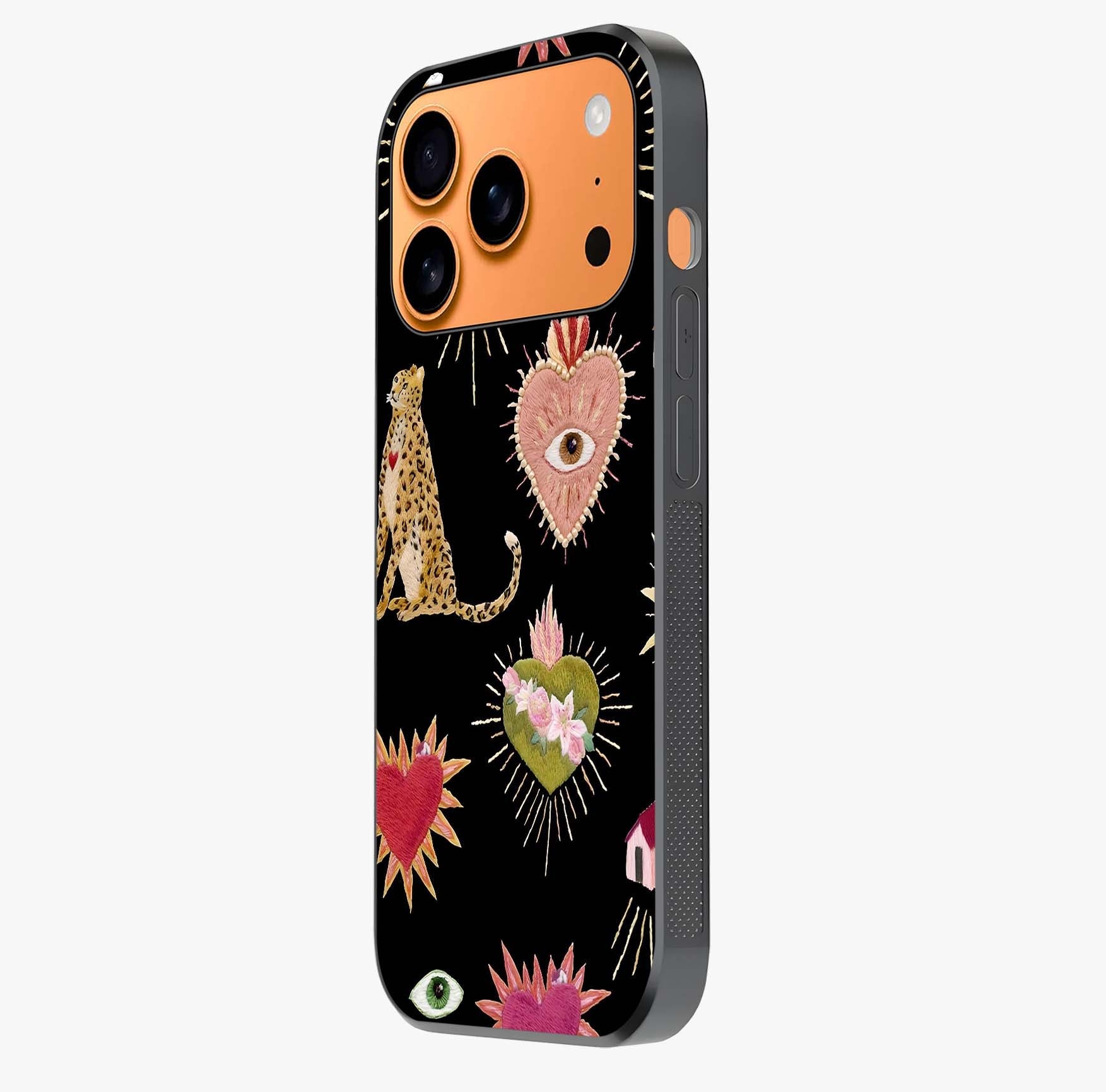 Sacred Jungle Heart Glass Case photographed in natural light showing reflective finish and design depth.