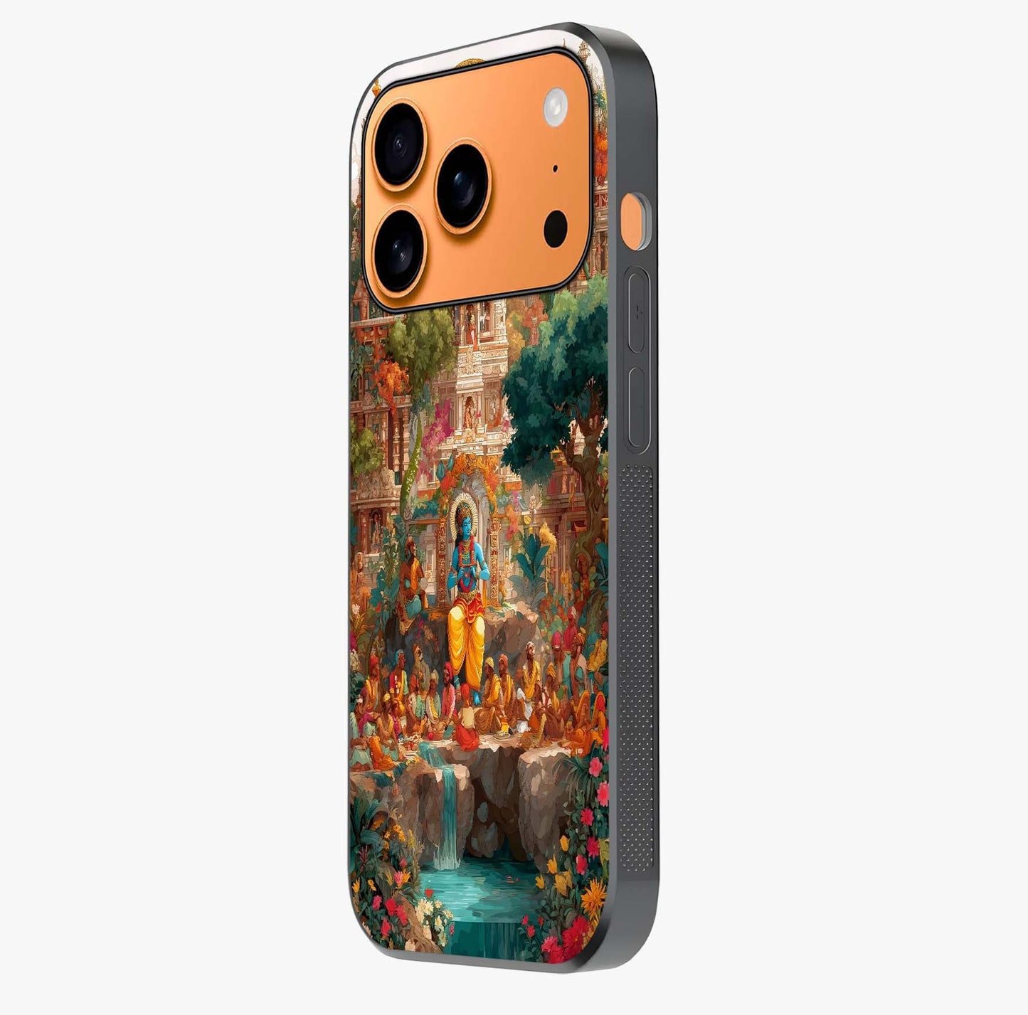 Sacred Sunlight Gods Glass Case photographed in natural light showing reflective finish and design depth.
