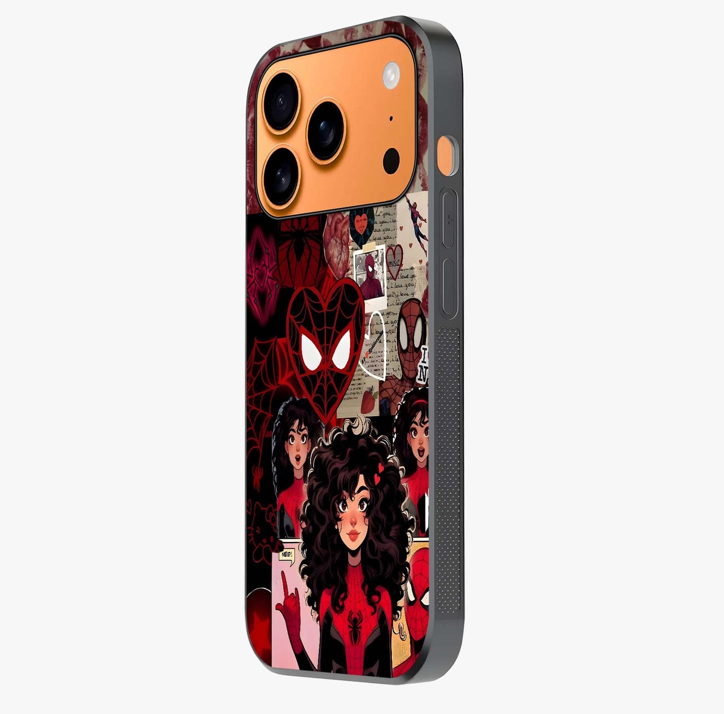 Spider Love Story Glass Case photographed in natural light showing reflective finish and design depth.