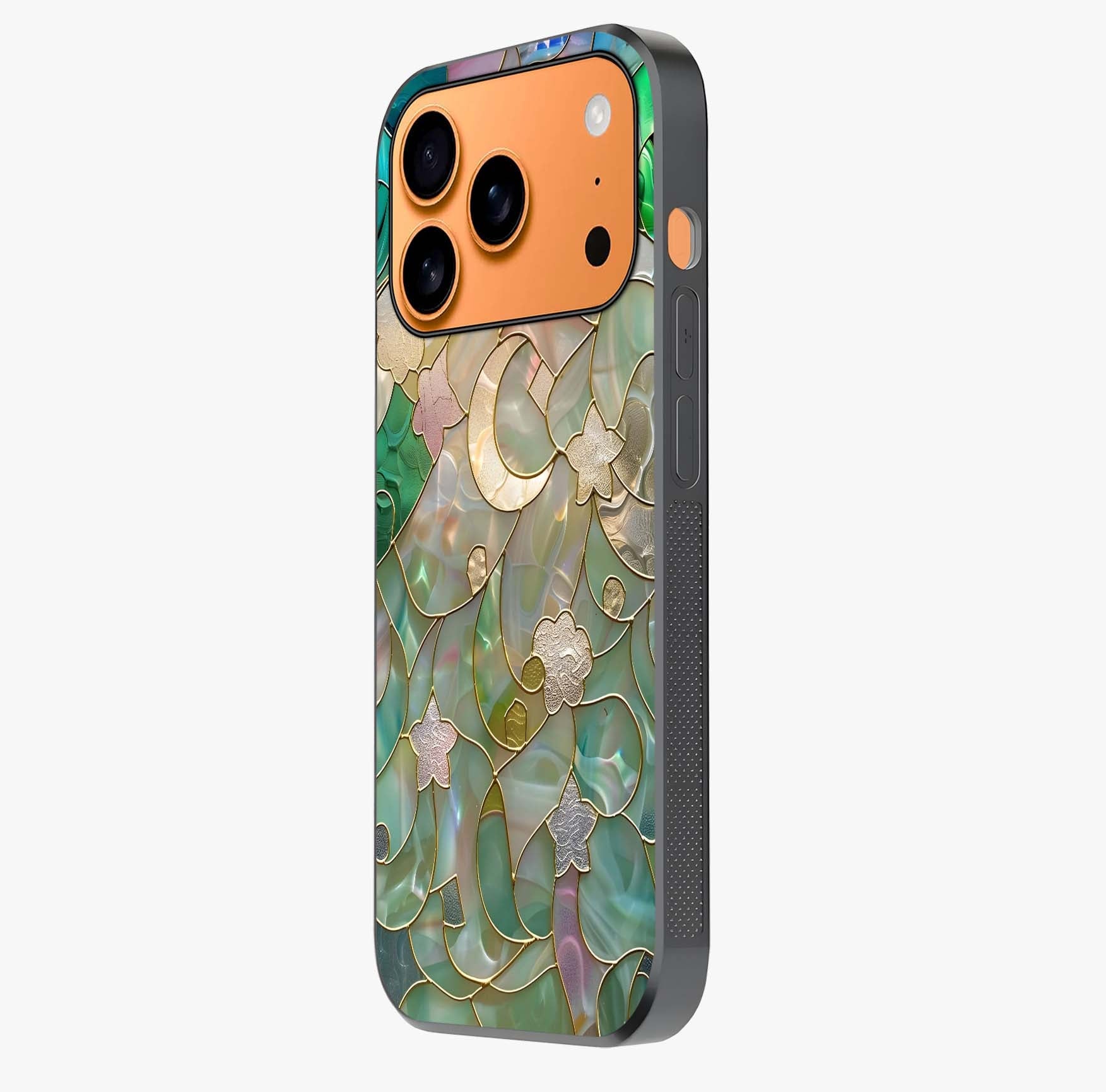 Stained Sunrise Glow Glass Case photographed in natural light showing reflective finish and design depth.