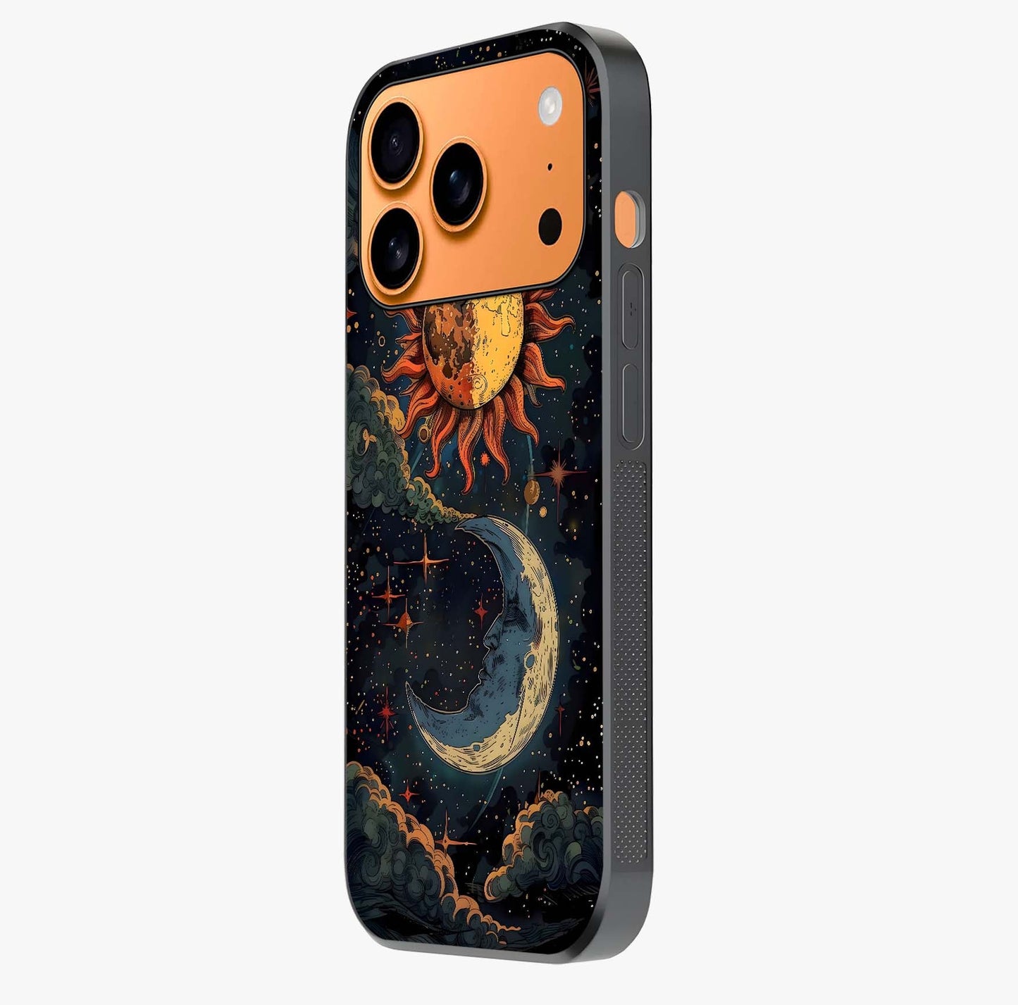 Sun And Moon Magic Design Glass Case photographed in natural light showing reflective finish and design depth.