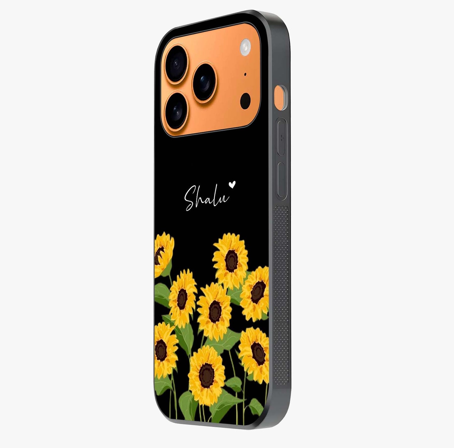 Sunflower Chic Mood Custom Name Glass Case photographed in natural light showing reflective finish and design depth.