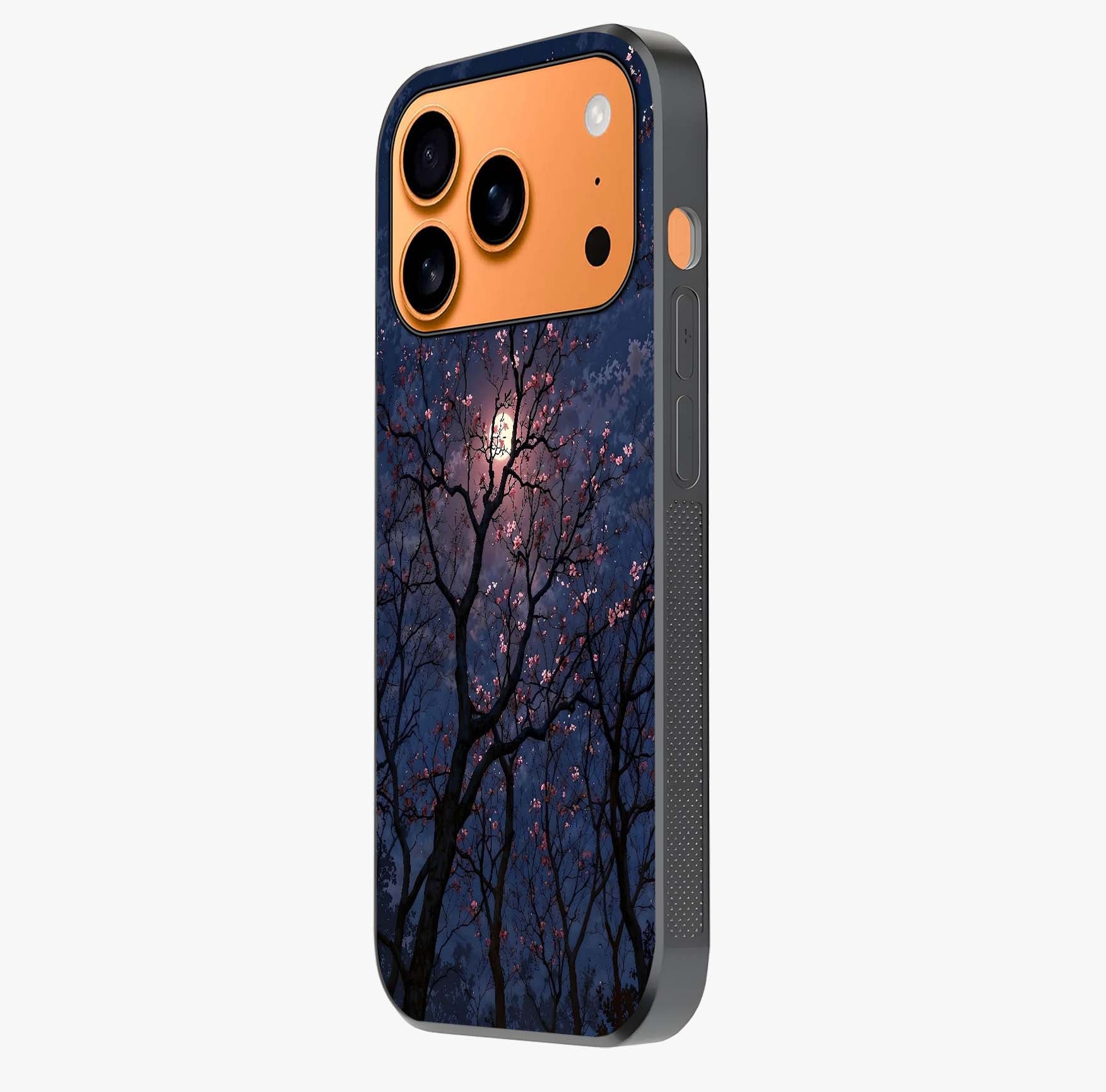 Twilight Sakura Serenade Glass Case photographed in natural light showing reflective finish and design depth.