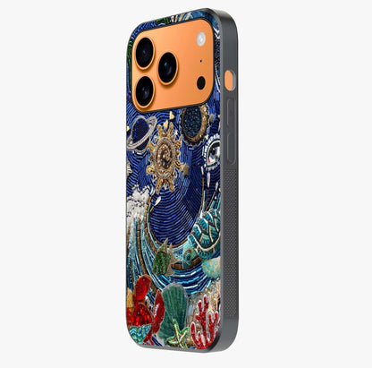 Universe Underwater Spark Glass Case photographed in natural light showing reflective finish and design depth.