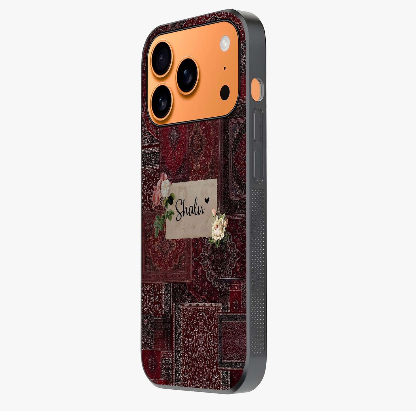 Velvet Wine Pattern Custom Name Glass Case photographed in natural light showing reflective finish and design depth.