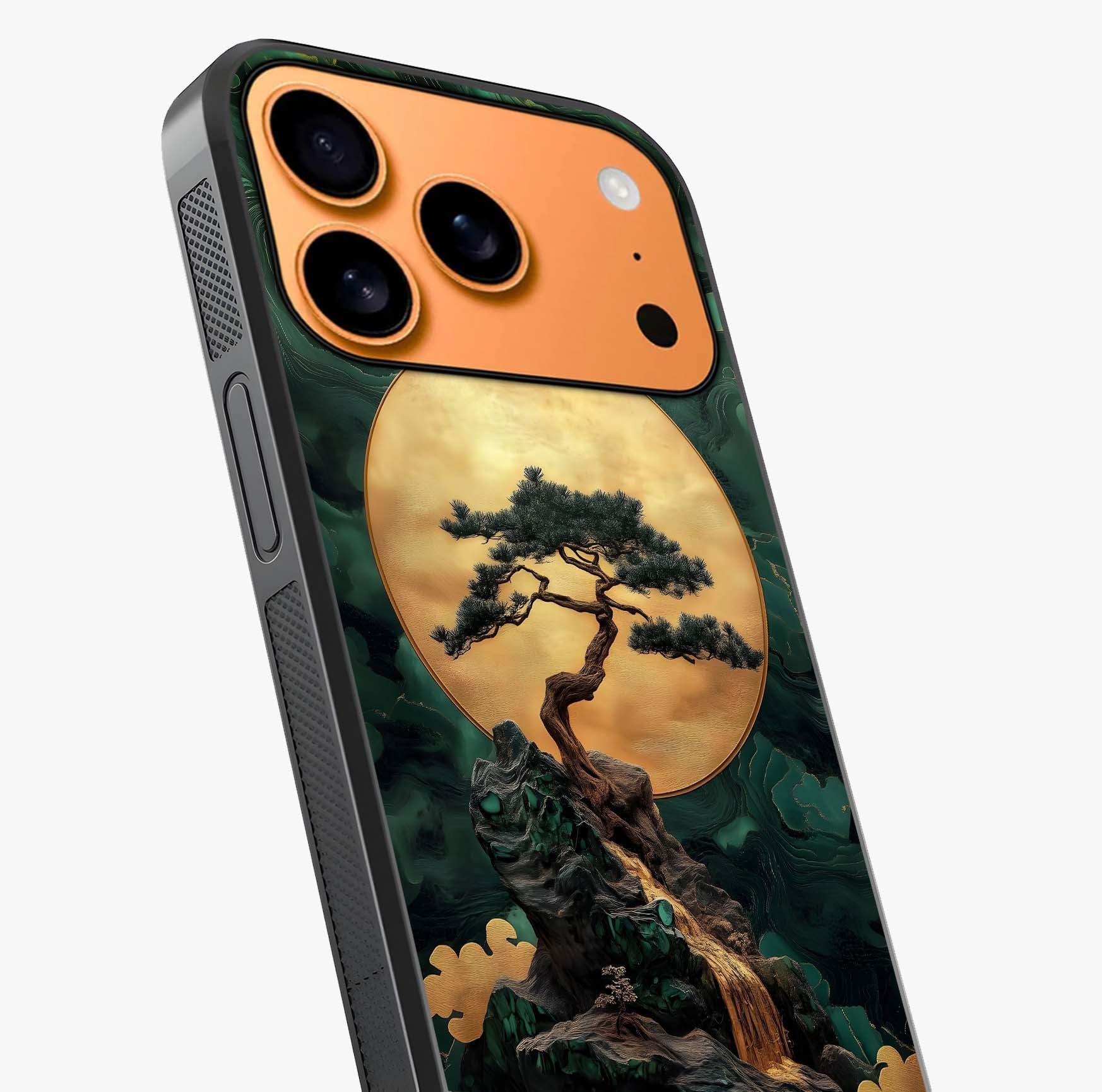 Zen Moon Rise Glass Case photographed in natural light showing reflective finish and design depth