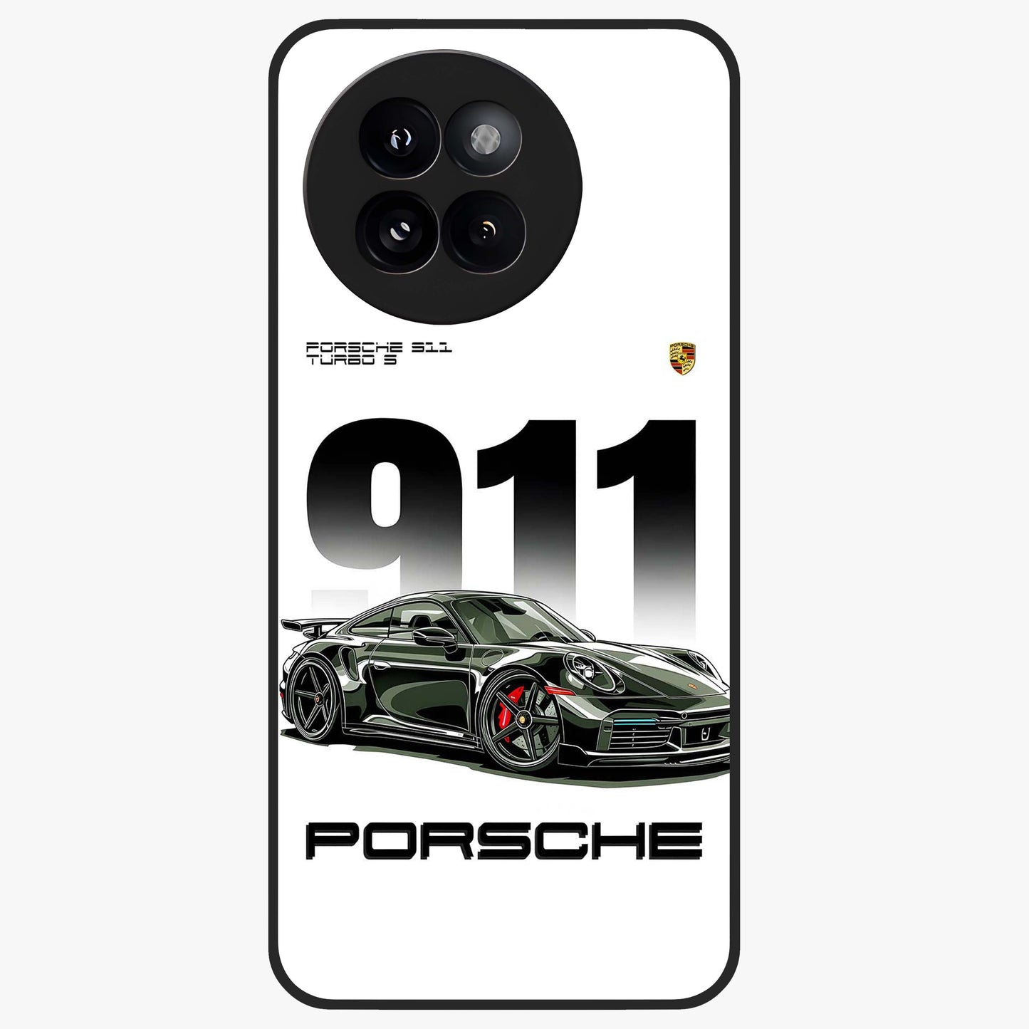 911 Turbo Dominance Glass Case showing clean flat back view with bold 911 sports car artwork and glossy glass finish.