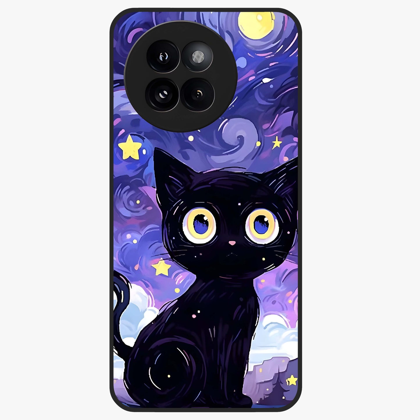 Abstract Cat Art Glass Case showing flat back view with artistic cat illustration and glossy glass finish.