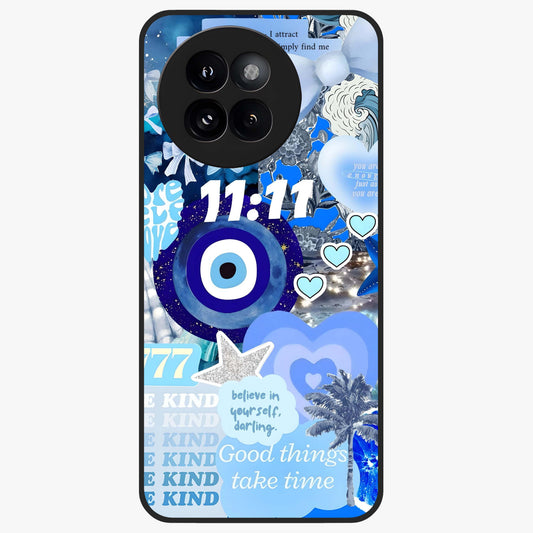 Aesthetic Be Kind Eye Glass Case showing flat back view with motivational eye artwork and glossy glass finish.