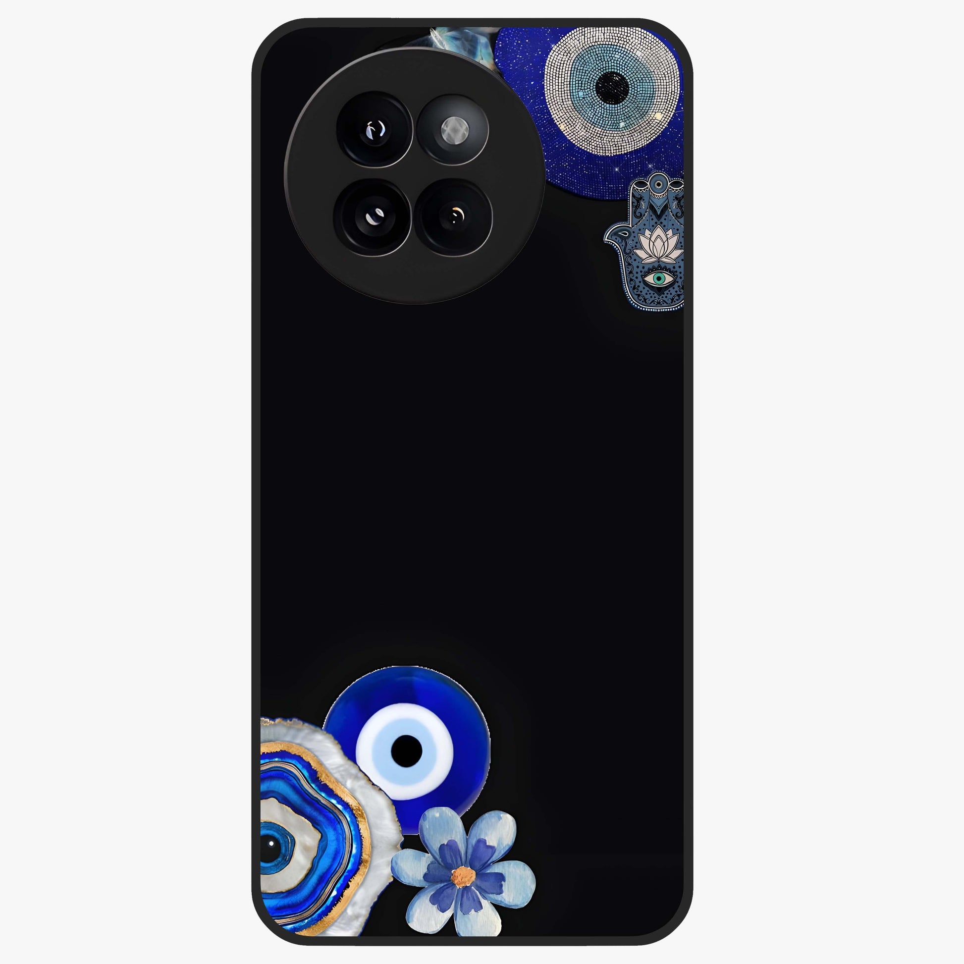 Aesthetic Blue Evil Eye Glass Case showing flat back view with protective evil eye artwork and glossy glass finish.