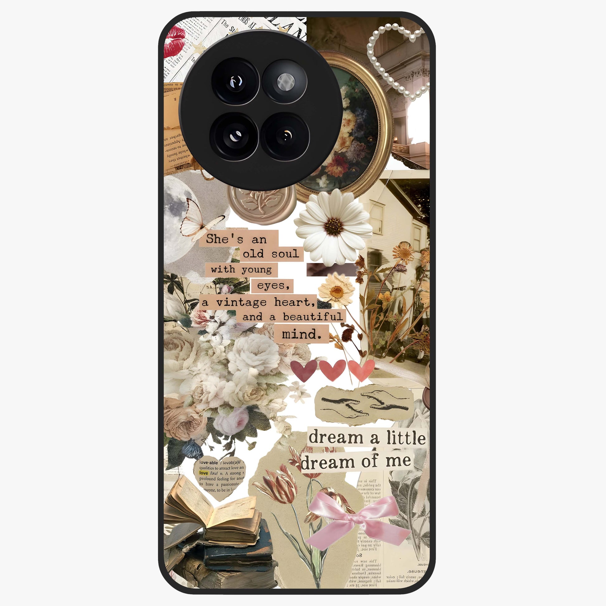 Aesthetic Brown Vintage Collage Glass Case showing flat back view with retro collage artwork and glossy glass finish.