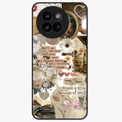 Aesthetic Brown Vintage Collage Glass Case showing flat back view with retro collage artwork and glossy glass finish.