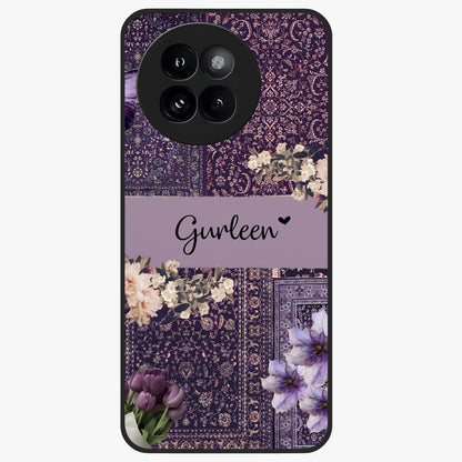 Antique Floral Whisper Custom Name Glass Case showing flat back view with vintage floral artwork and personalized name design.