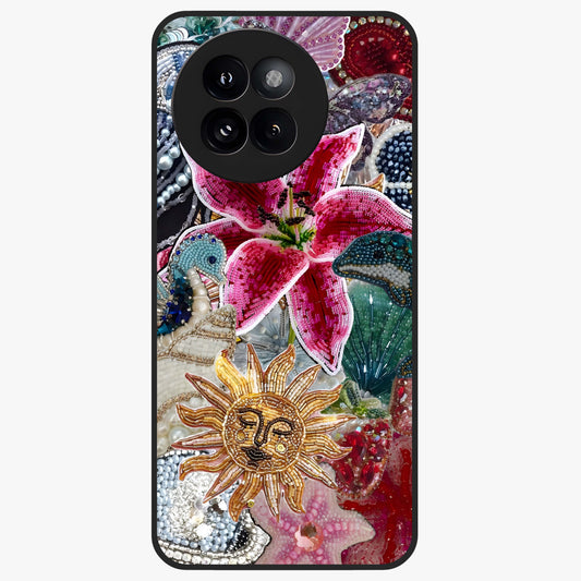 Beaded Garden Fantasy Glass Case showing flat back view with dreamy garden bead artwork and glossy glass finish.