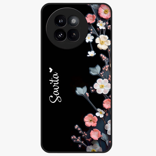 Black Elegance Floral Custom Name Glass Case showing flat back view with elegant floral artwork and personalized name design.