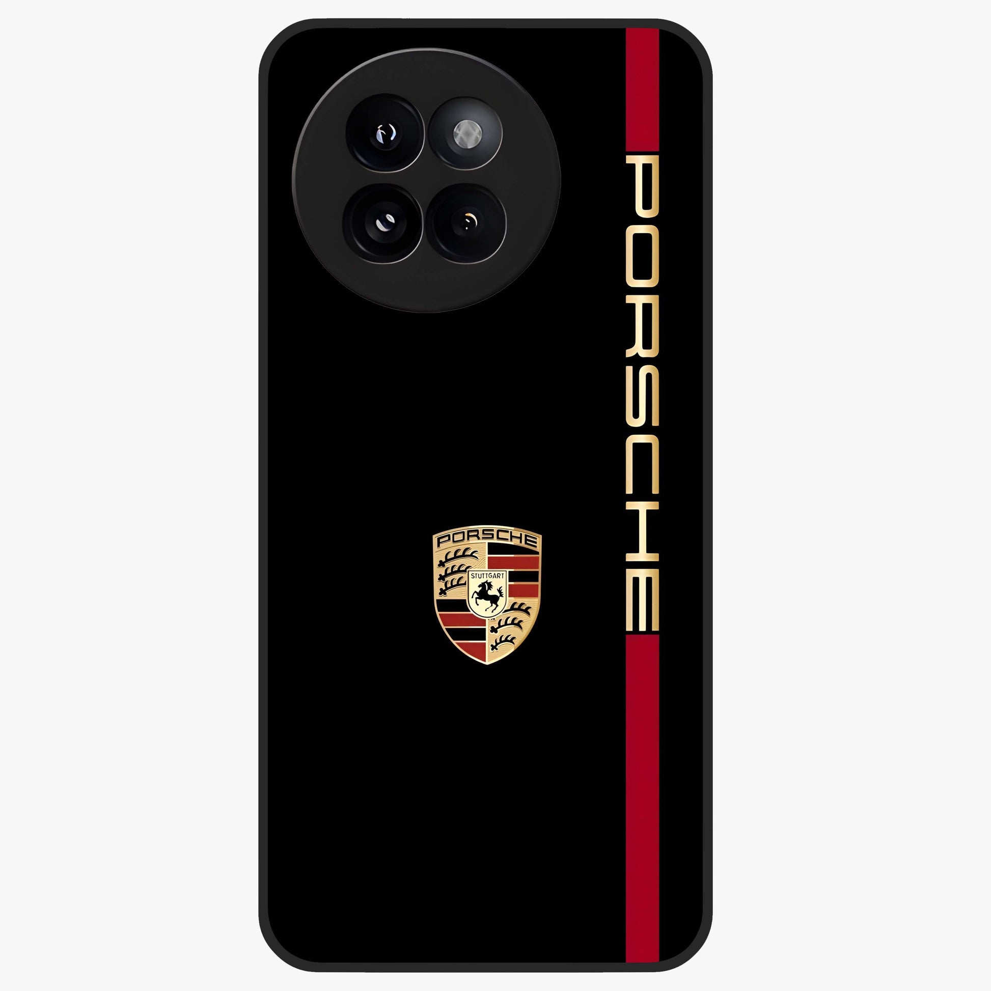 Black Minimal Porsche Glass Case showing flat back view with sleek minimal sports car artwork and glossy glass finish.