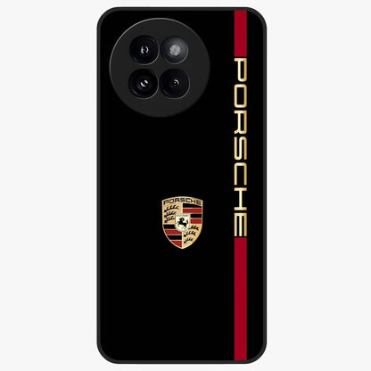 Black Minimal Porsche Glass Case showing flat back view with sleek minimal sports car artwork and glossy glass finish.