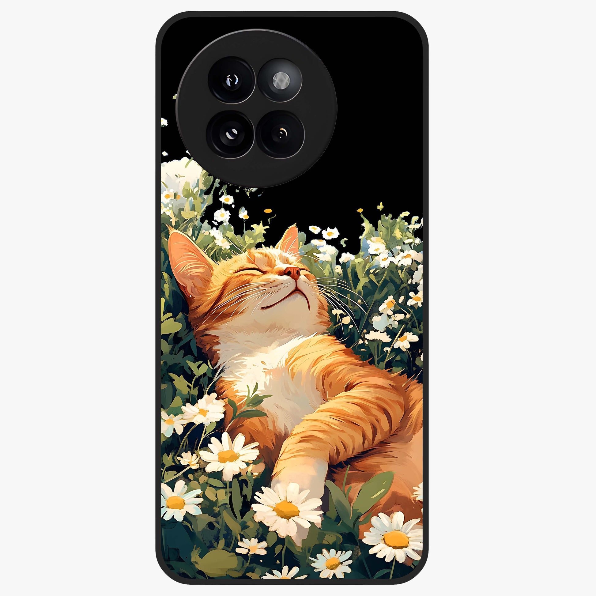 Blissful Bloom Cat Glass Case showing flat back view with cute cat and floral bloom artwork and glossy glass finish.