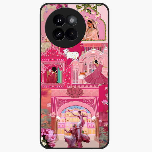 Blossoms of Rajasthan Glass Case showing flat back view with traditional floral artwork inspired by Rajasthan and glossy glass finish.