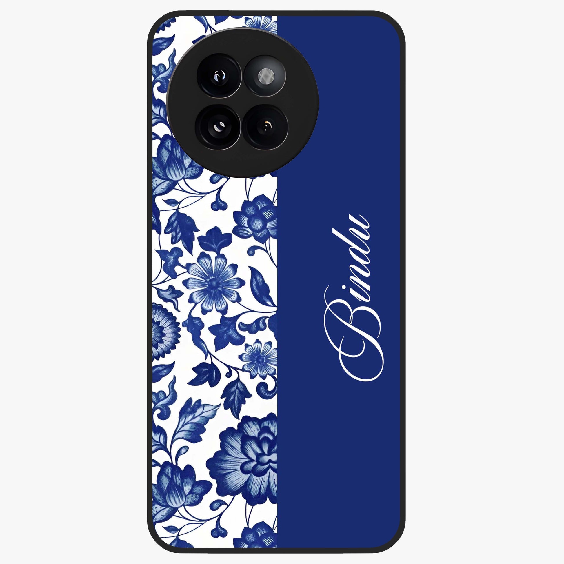 Blue Vintage Floral Pattern Glass Case upright view showcasing timeless floral illustration with vintage inspired style.