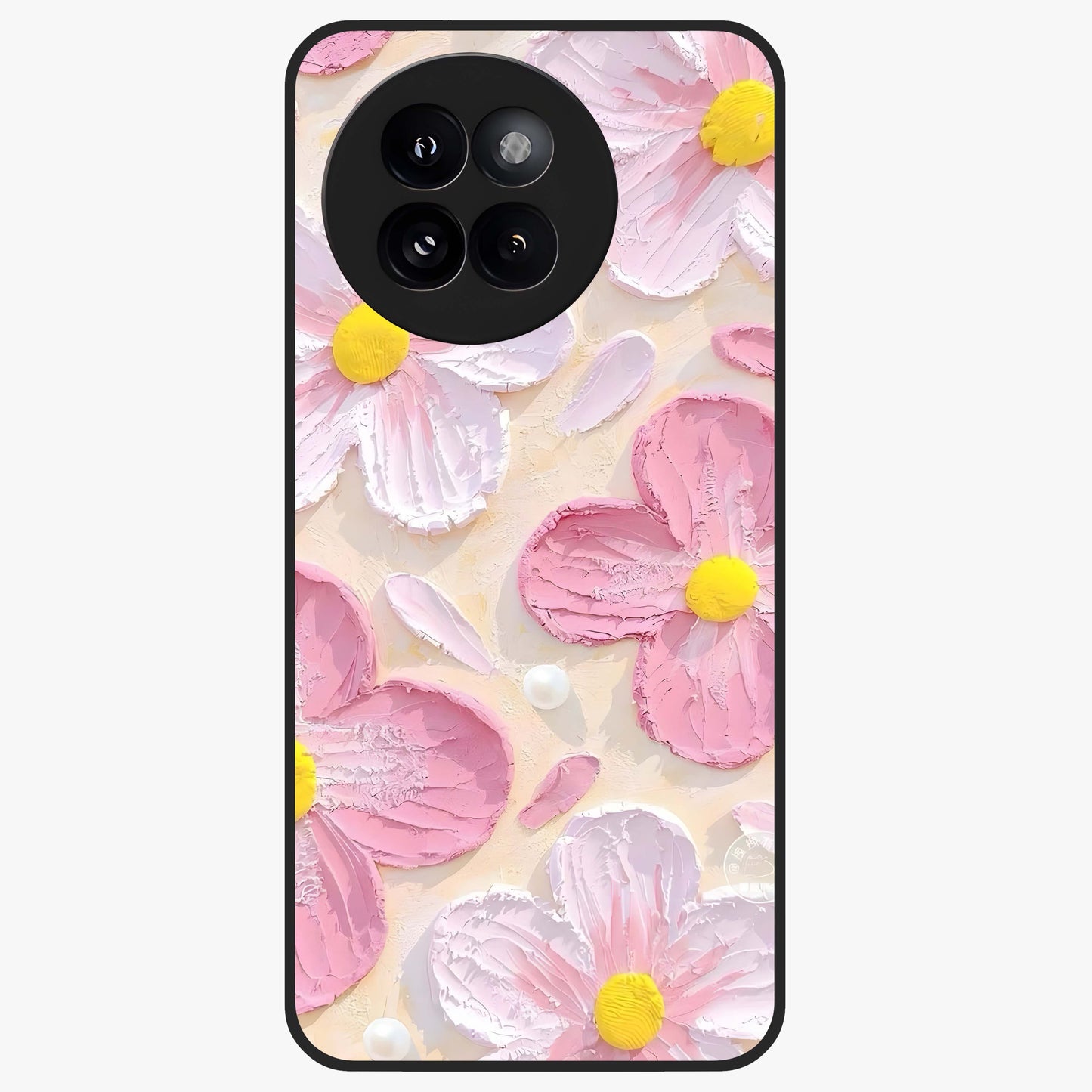Blush Bloom Texture Glass Case showing flat back view with soft blush floral texture artwork and glossy glass finish.